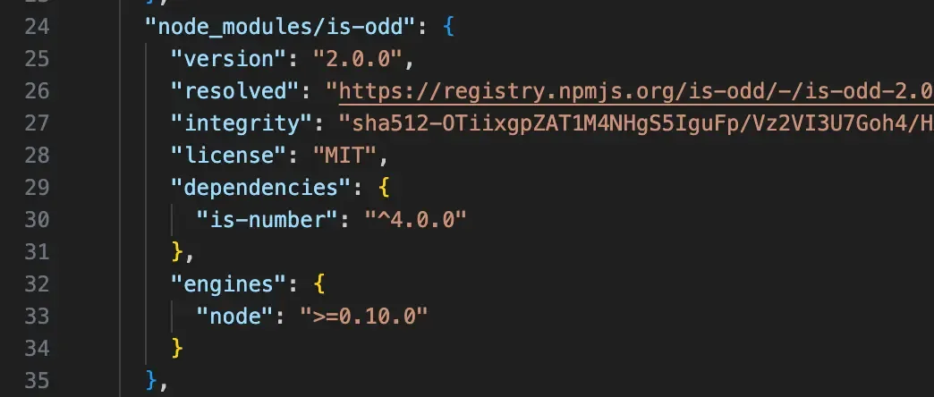 npm i 실행 후 lock의 is-odd가 2.0.0으로 수정되어 기록된 package-lock.json 화면